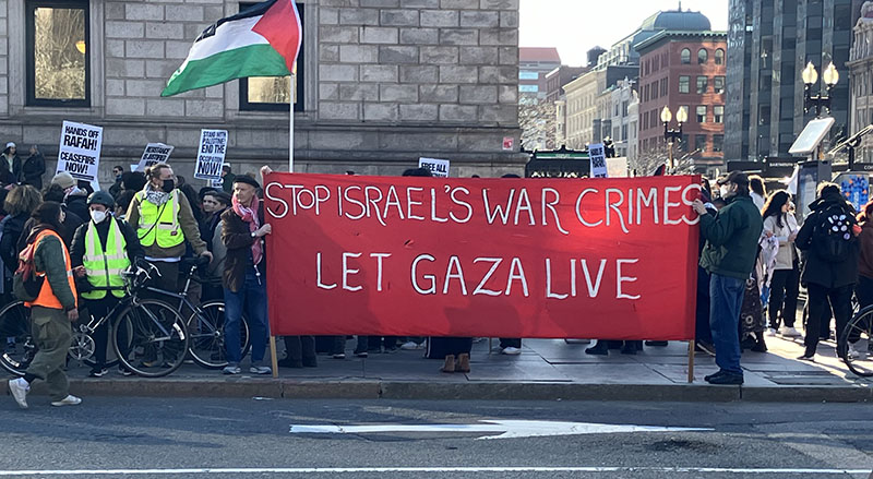 A Rally in Boston denouncing Israeli war crimes in Gaza and the West Bank in March, 2024).