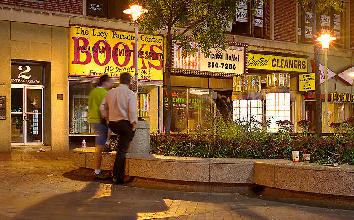 A lively corner in Central Square, Cambridge, before it was ripped down by yuppie real estate interests. —photo by David Henry