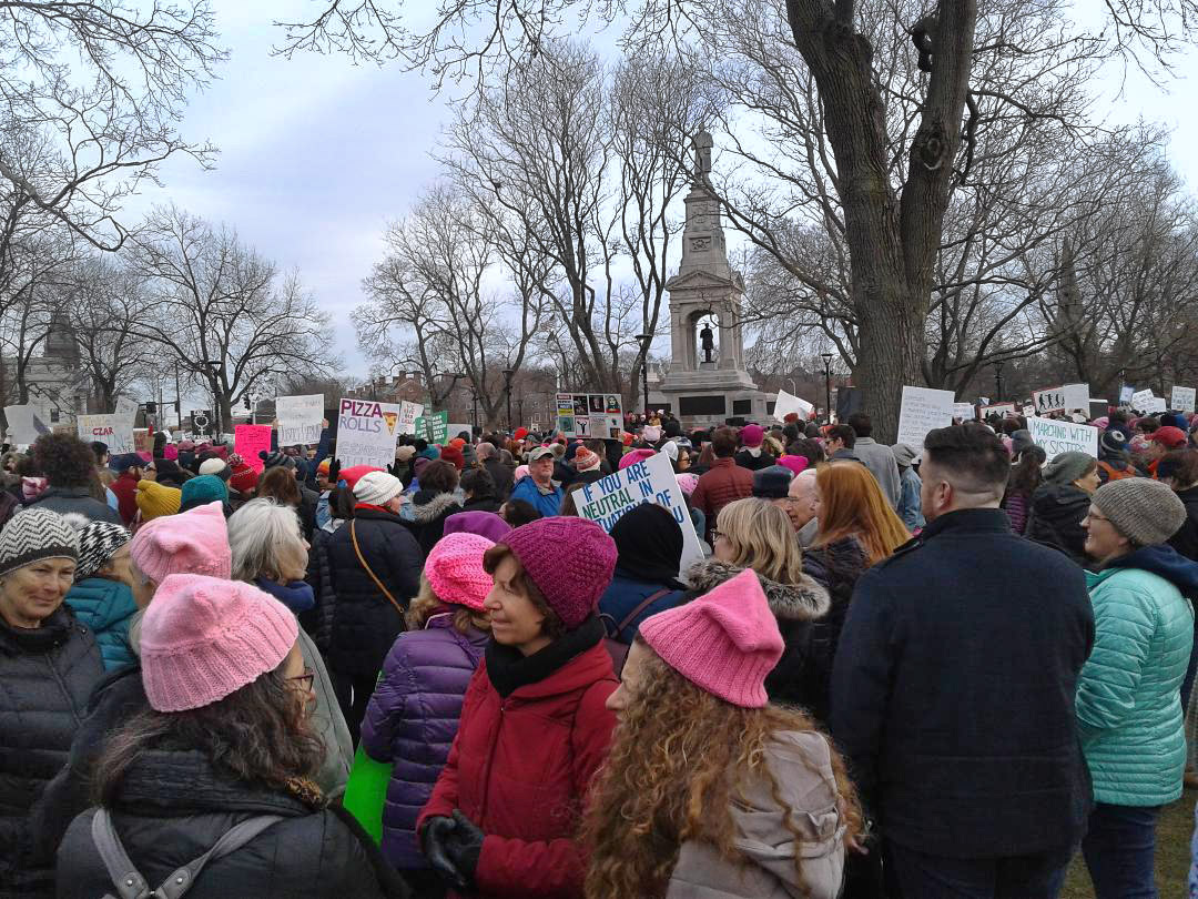 Protesters in the January 20th 2018 rally on the Cambridge Common in Cambridge, MA, commemorating the one-year anniversary of the Women March of January 2017.