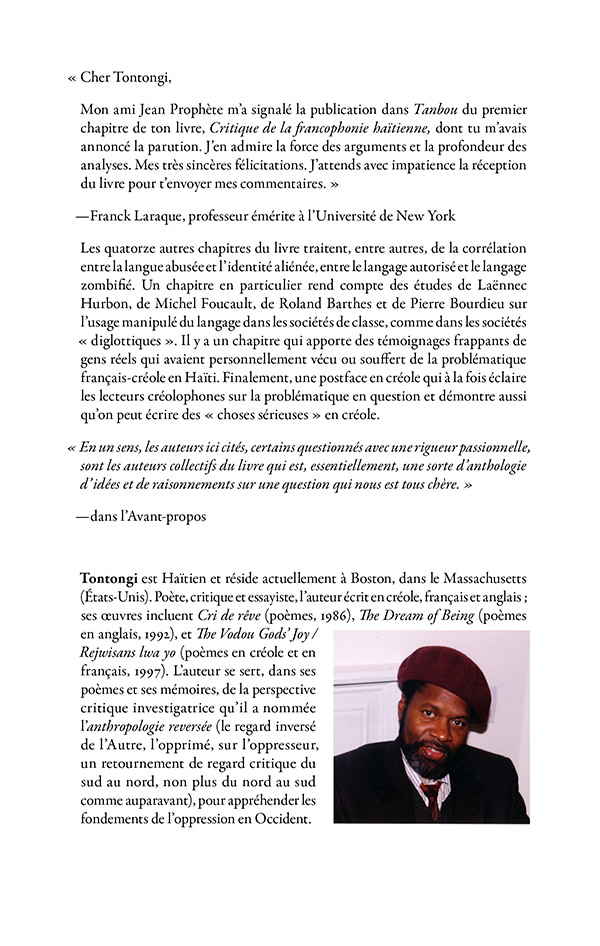 La quatrième de couverture de «Critique de la francophonie haïtienne» de Tontongi.