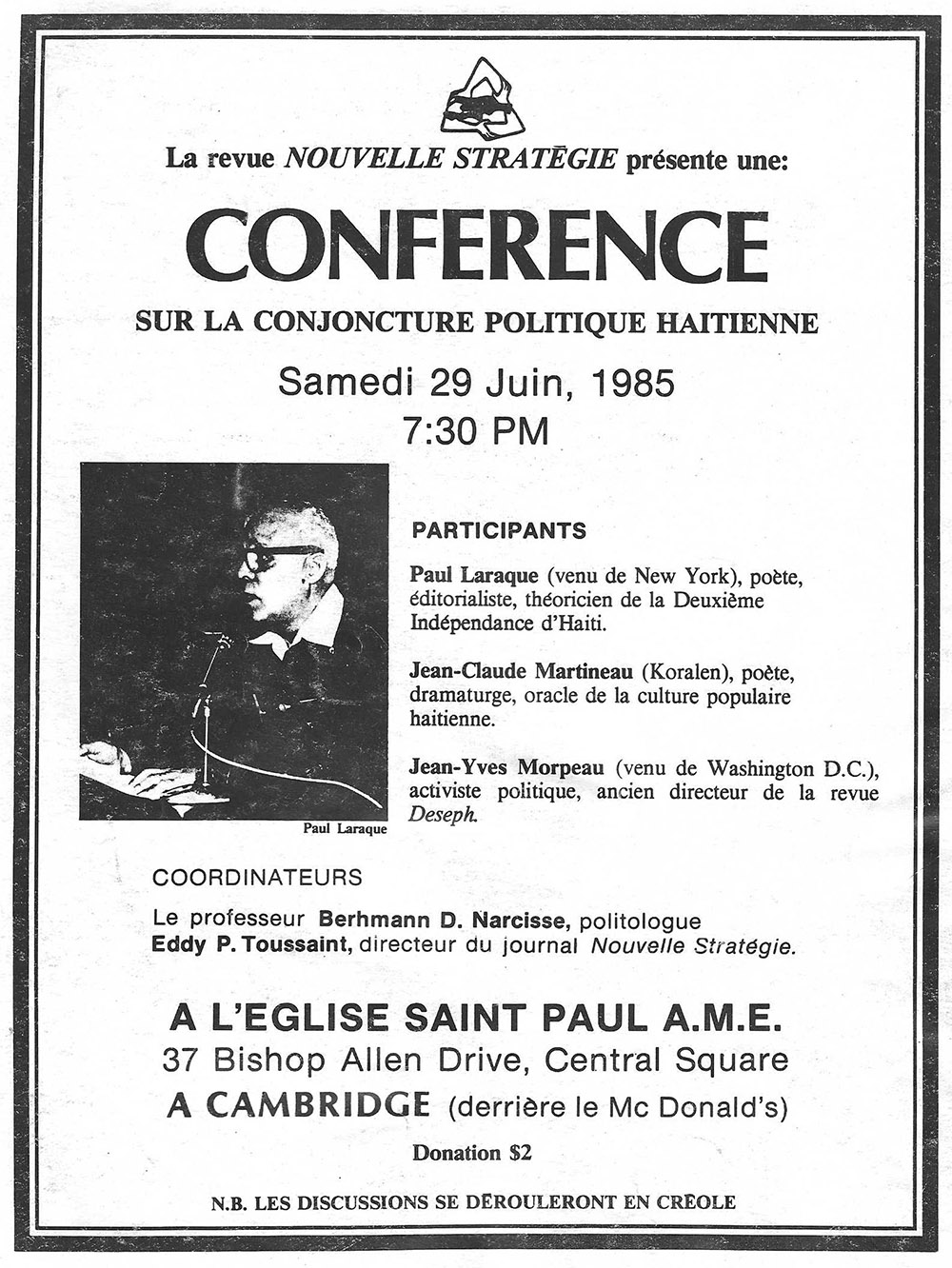 Do kouvèti revi Nouvelle Stratégie, edisyon jiyè 1985, Boston.