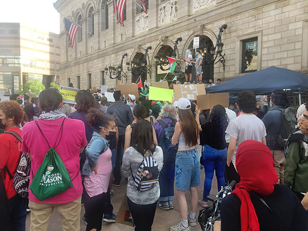 Protesters in front of the Boston Public Library