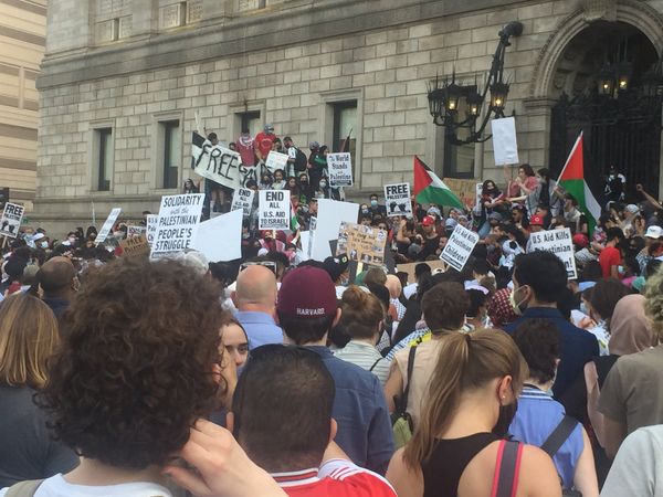 Protesters in front of the Boston Public Library