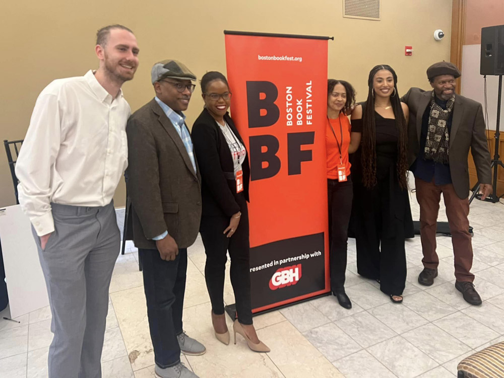 Group photo at the Boston Book Festival on October 14, 2023: Marceau Crespo, Charlot Lucien, Milady Auguste, Danielle Legros Georges, Rebecca Zama & Tontongi.