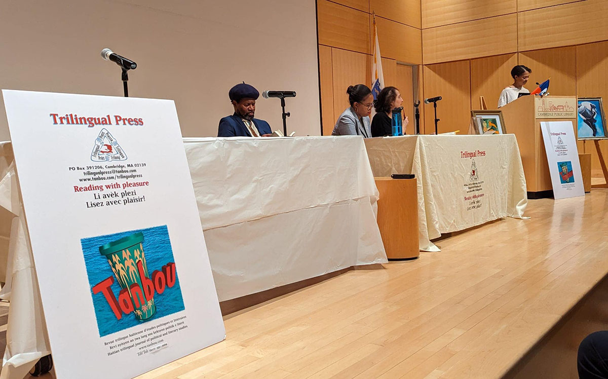 Tontongi, Milady Auguste, Jill Netchinsky and Danielle Legros Georges at the Cambridge Public Library, October 28th 2023