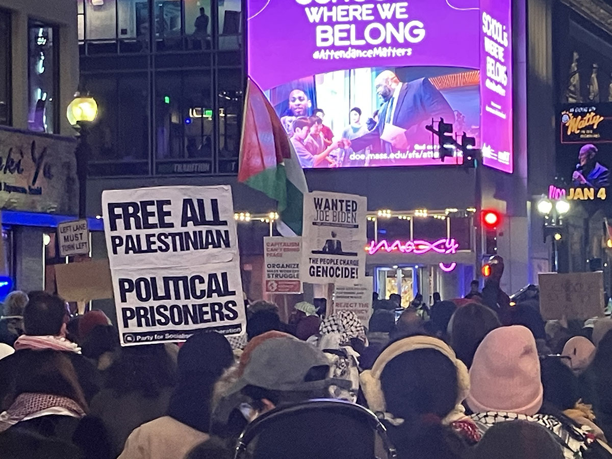 Protesters greeting Joe Biden in Boston on December 5, 2023, denouncing his unconditional support to Israeli war on the Palestinians.